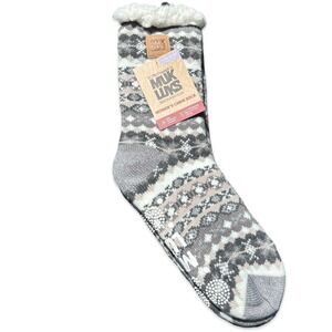 Muk Luks Womens Cabin Socks L XL Gray Fair Isle Sherpa Lined Non Slip NWT